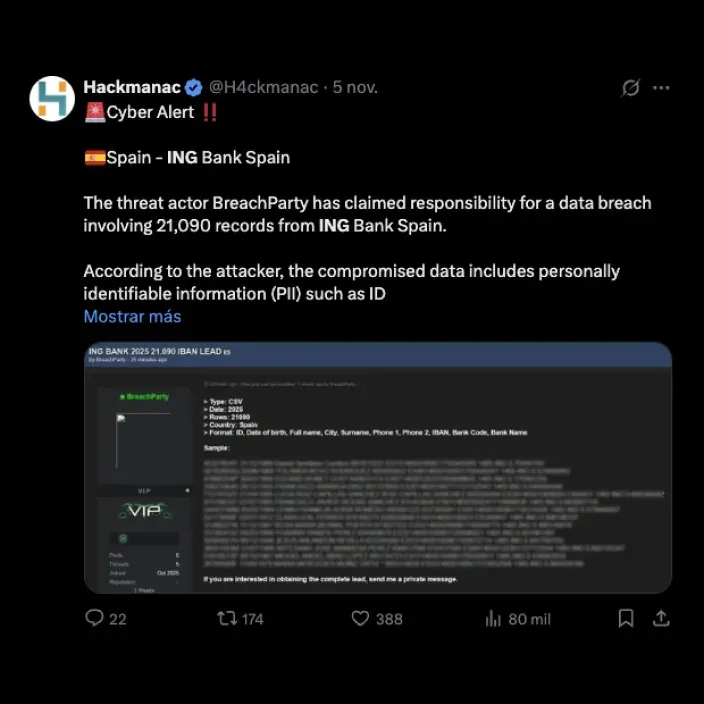 Alerta de ciberseguridad en Twitter sobre una brecha de datos en ING Bank Spain, reclamada por el grupo BreachParty.
