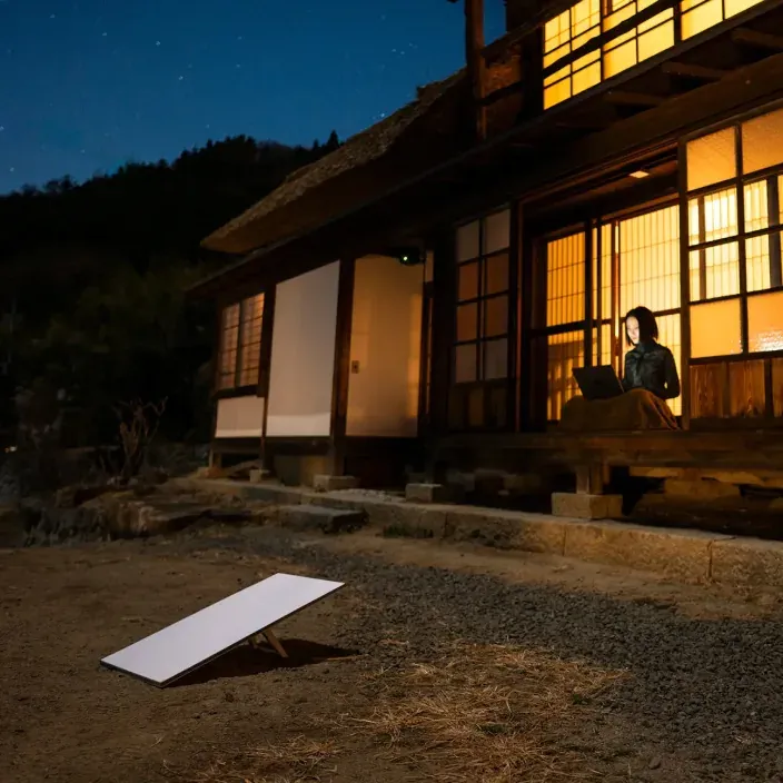 Mujer teletrabajando con internet satelital Starlink en una casa tradicional para representar la conectividad rural.