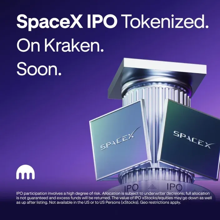 Anuncio de Kraken sobre SpaceX IPO Tokenized con dos paneles de SpaceX junto a una columna