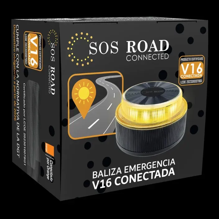 Caja de baliza V16 conectada SOS Road certificada DGT con red Orange.