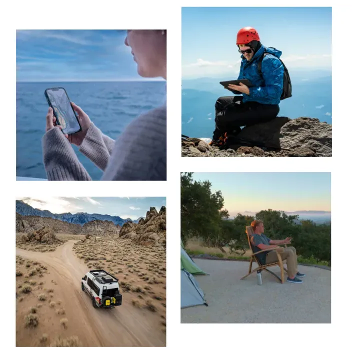 Collage de personas usando internet con Starlink en lugares remotos: en un barco, en la montaña y de acampada.