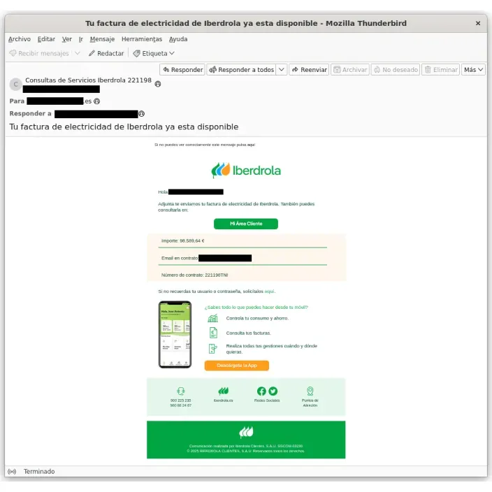 Captura de un correo electrónico fraudulento que suplanta a Iberdrola informando de una supuesta factura de electricidad.