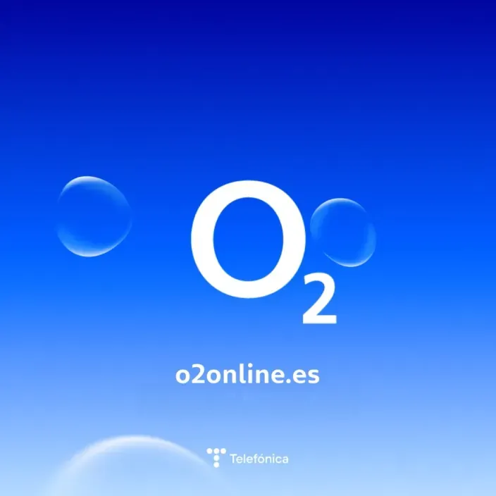 Fondo azul con el logotipo de O2 y burbujas sobre un degradado.