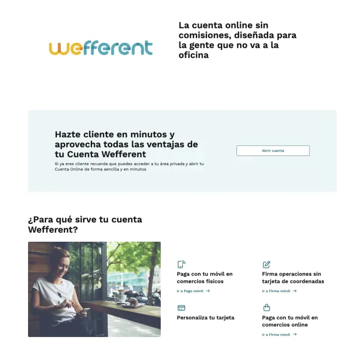 Captura de la web de Cajamar con su oferta de cuenta online Wefferent sin comisiones para la gestión de banca digital inteligente.