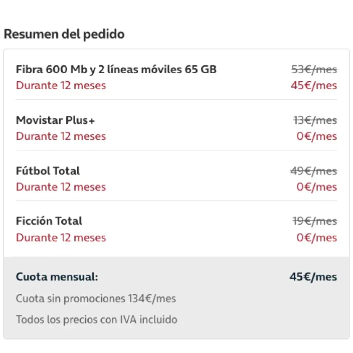 Resumen del pedido de una oferta de Movistar con fibra, 2 líneas móviles, fútbol y ficción por 45€ al mes durante 12 meses.