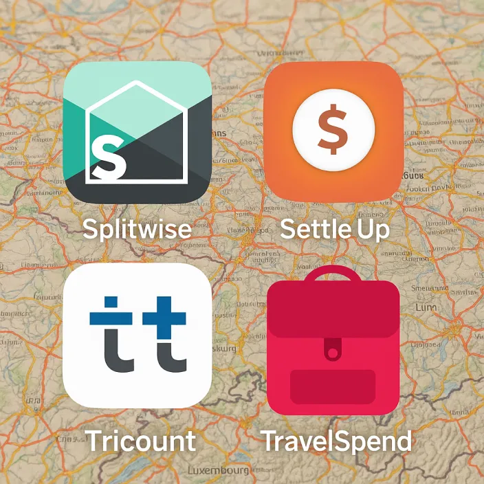 Logos de apps para dividir y controlar gastos en viajes: Splitwise, Settle Up, Tricount y TravelSpend.