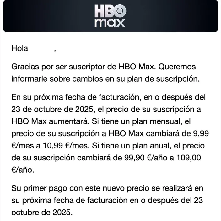 Email de HBO Max informando a sus suscriptores de la subida de precios de los planes mensual y anual a partir de octubre.