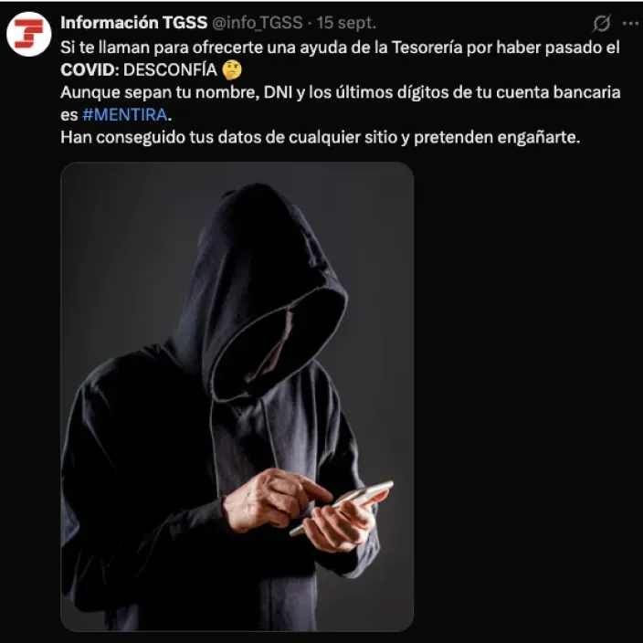 Captura de un tuit de la TGSS alertando sobre una estafa telefónica.