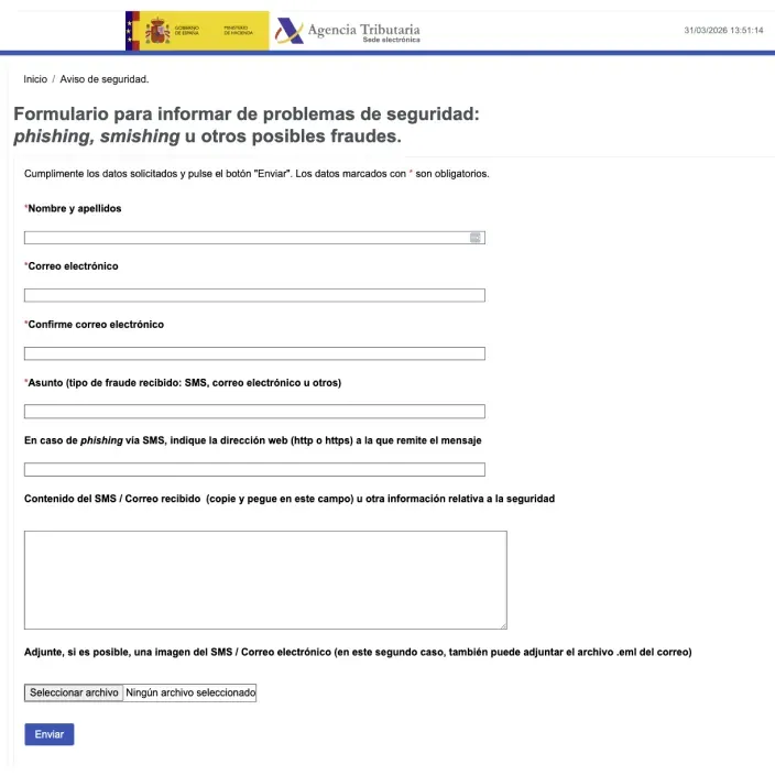 Formulario oficial de la Agencia Tributaria para informar de problemas de seguridad como phishing, smishing y otros fraudes.