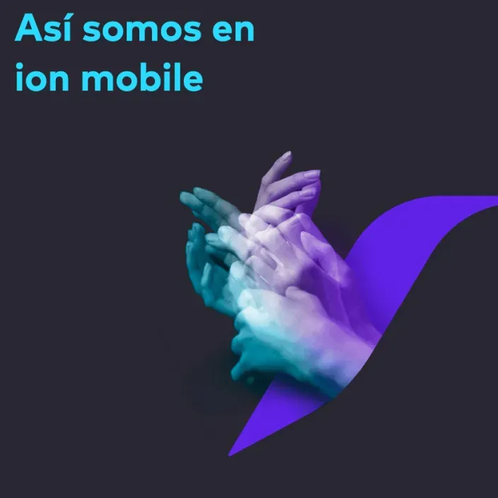 Manos aplaudiendo con fondo oscuro y logo púrpura de Ion Mobile, empresa de telefonía móvil.