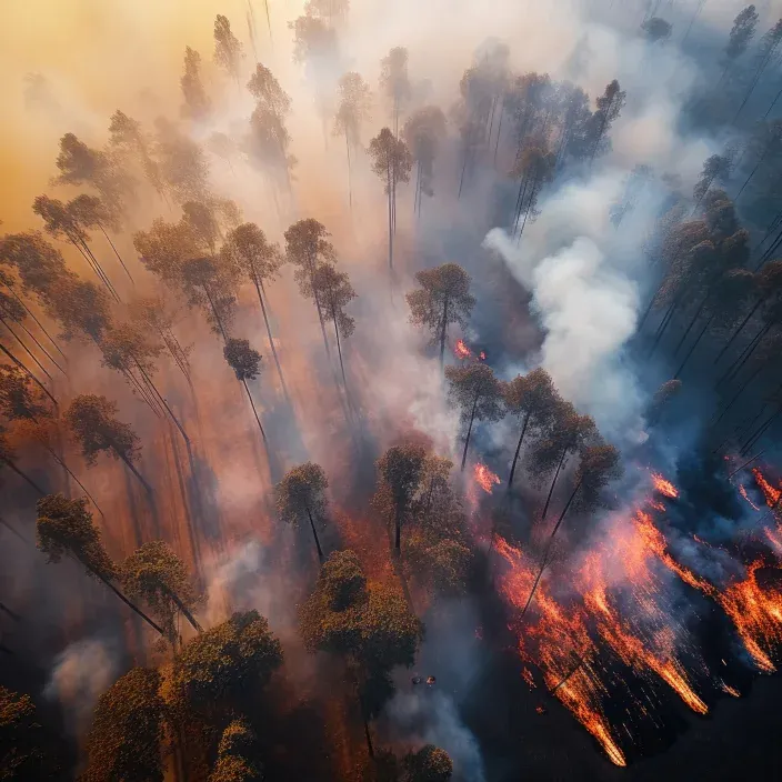 Incendio forestal visto desde el aire con columnas de humo y llamas avanzando entre los árboles