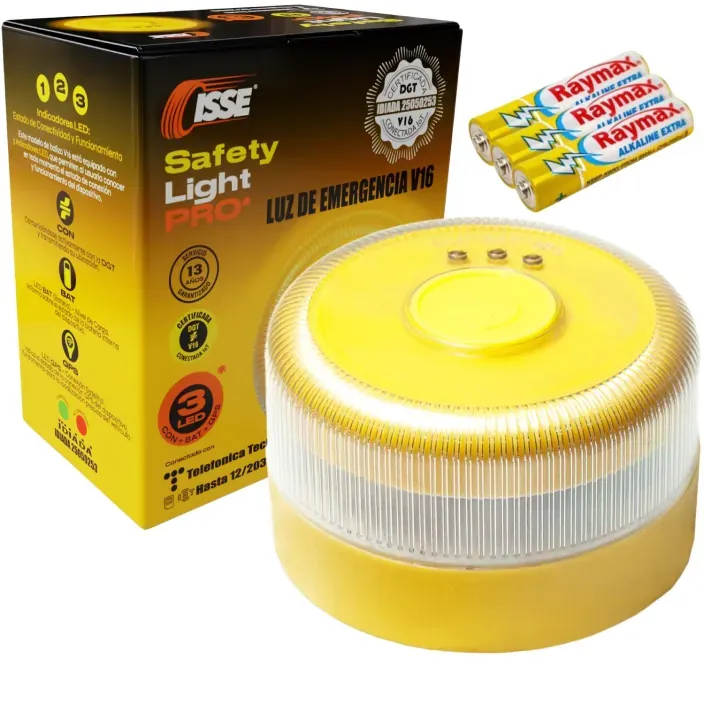 Coche detenido en el arcén con baliza V16 conectada activa en el techo y logo de la DGT para representar la seguridad vial.