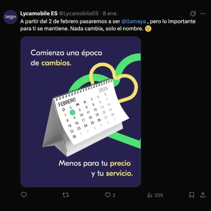 Tuit oficial de Lycamobile anunciando el cambio de nombre a Llamaya a partir de febrero de 2026.