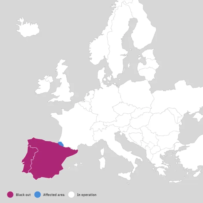 Mapa de Europa con la península ibérica marcada en color por el apagón eléctrico de abril de 2025.
