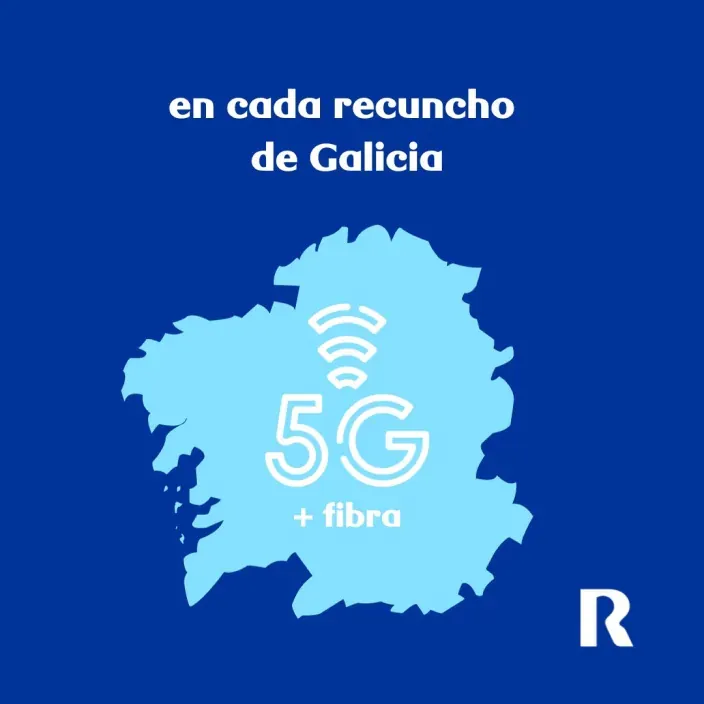 Mapa de Galicia en azul claro sobre fondo azul con el texto 5G + fibra y el logotipo de R