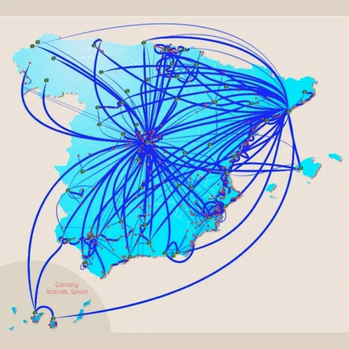 Mapa de la red de fibra óptica de DIGI en España con cobertura en la península e Islas Canarias.