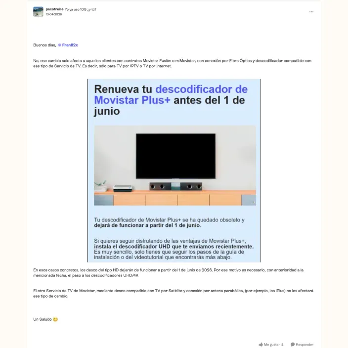 Aviso de Movistar Plus+ para renovar el descodificador antiguo por un modelo UHD antes del 1 de junio.