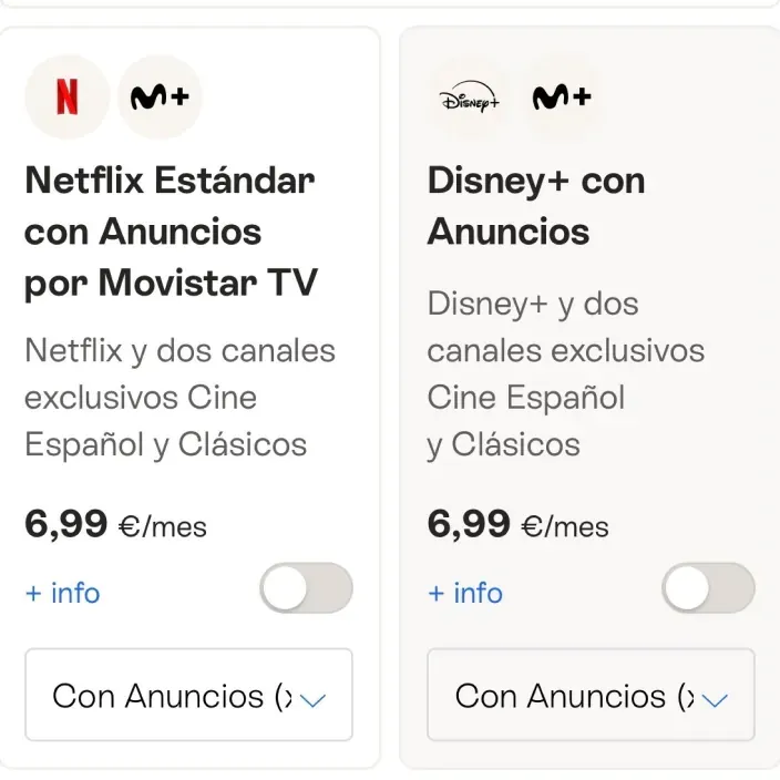 Tarifas de Netflix y Disney Plus con anuncios en Movistar TV por seis euros con noventa y nueve céntimos al mes para ver series.