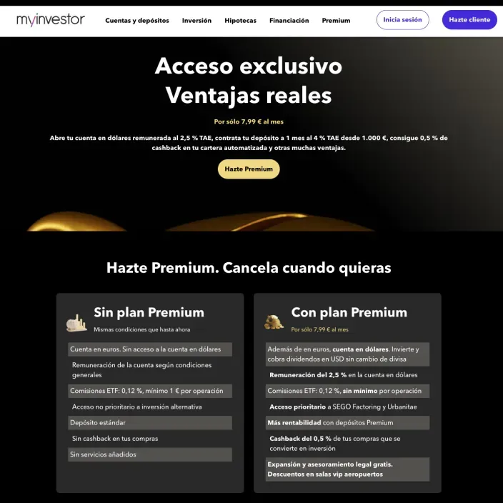 Comparativa de ventajas Plan Premium de MyInvestor por 7,99€ con cuenta en dólares y cashback.