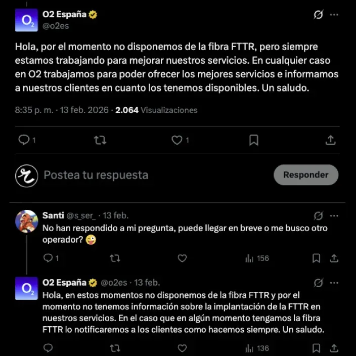 Captura de redes sociales de O2 España informando sobre la disponibilidad de fibra FTTR a un cliente.