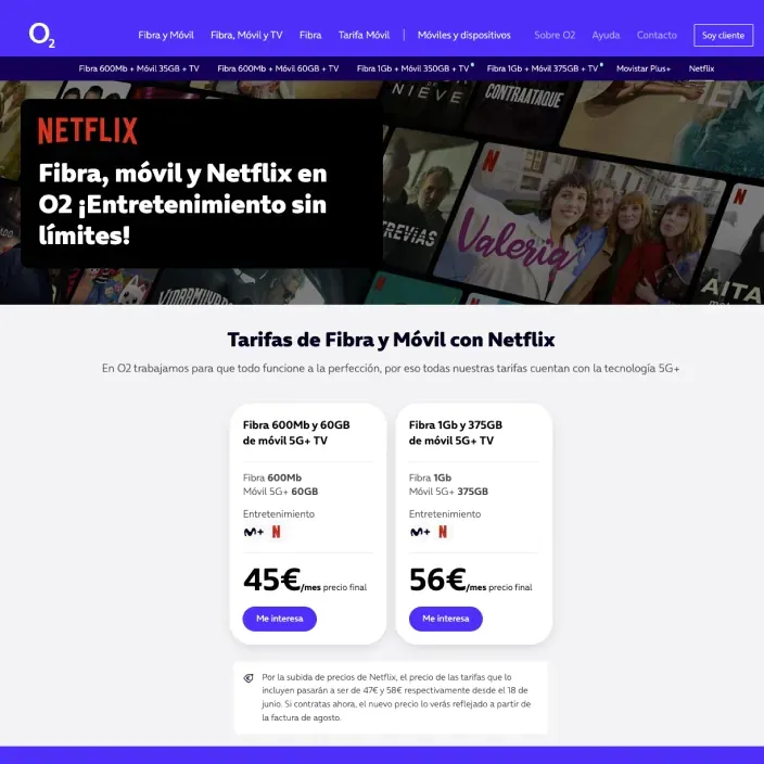 Tarifas O2 de fibra y móvil con Netflix desde 45€ al mes con tecnología 5G+ y aviso de subida de precios.