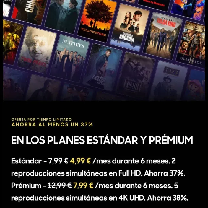 Oferta de SkyShowtime para sus planes Estándar y Prémium.