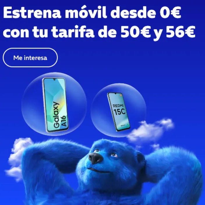 Publicidad de O2 con su oso azul. Estrena móvil desde 0€, un Galaxy A16 o Redmi 15C, con tu tarifa de 50€ o 56€.