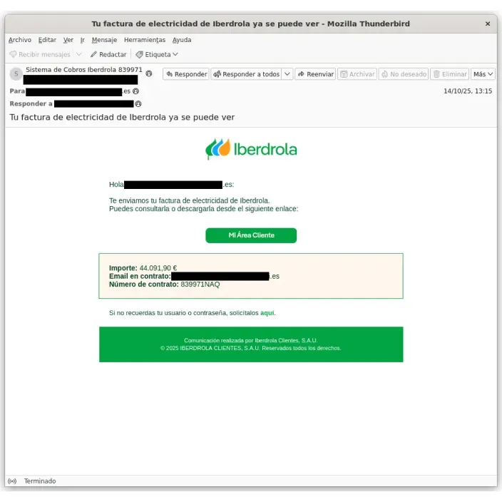 Correo electrónico de apariencia oficial de Iberdrola que podría ser un intento de phishing con una factura falsa.