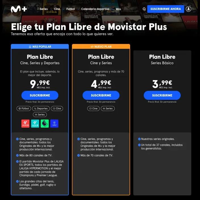 Comparativa de tarifas del Plan Libre de Movistar Plus con cine, series y deportes desde 3,99€ hasta 9,99€ mensuales.
