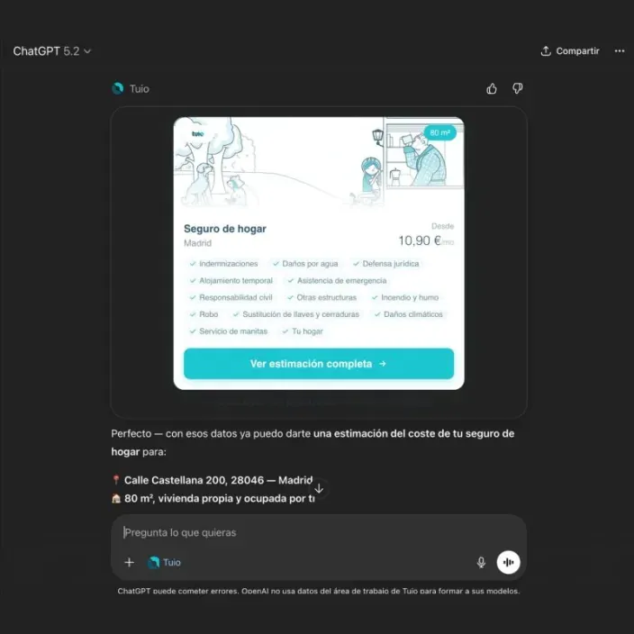 Presupuesto de seguro de hogar Tuio en ChatGPT desde 10,90€ al mes para una vivienda en Madrid.