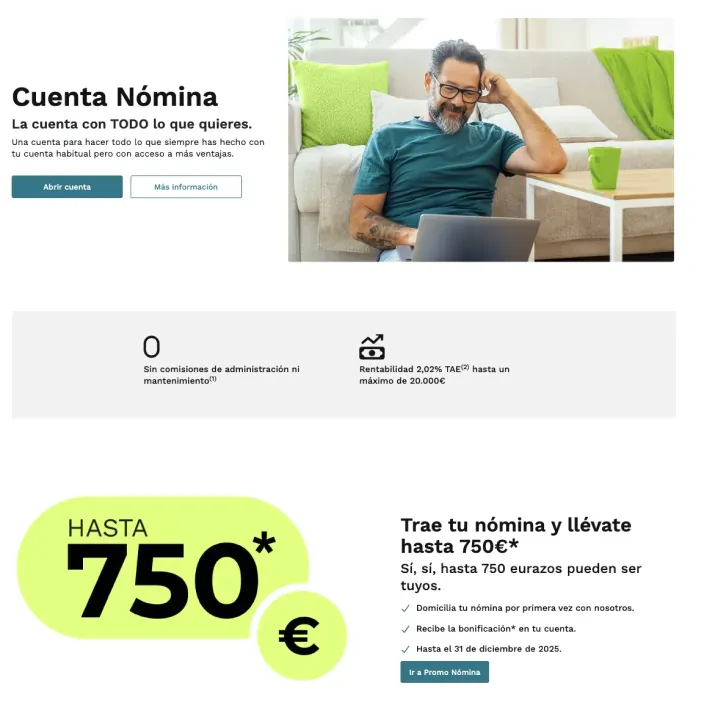 Oferta Cuenta Nómina Cajamar con regalo de hasta 750€ por domiciliar ingresos.