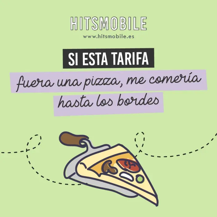 Ilustración con el logotipo de Hits Mobile y una porción de pizza