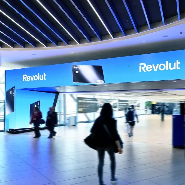 Publicidad de Revolut con pantallas azules en un aeropuerto mientras varias personas caminan por la terminal.