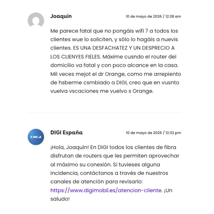 Comentario de un cliente en DIGI España sobre la disponibilidad de Wi-Fi 7 y respuesta oficial del soporte técnico.