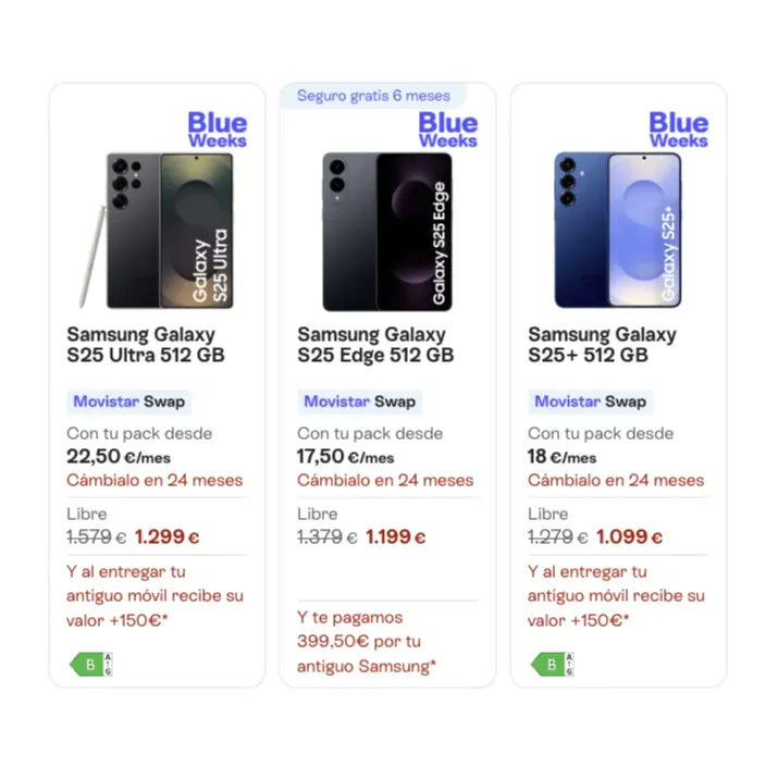 Ofertas Blue Weeks y servicio Movistar Swap en Samsung Galaxy S25 Ultra, S25 Edge y S25+.