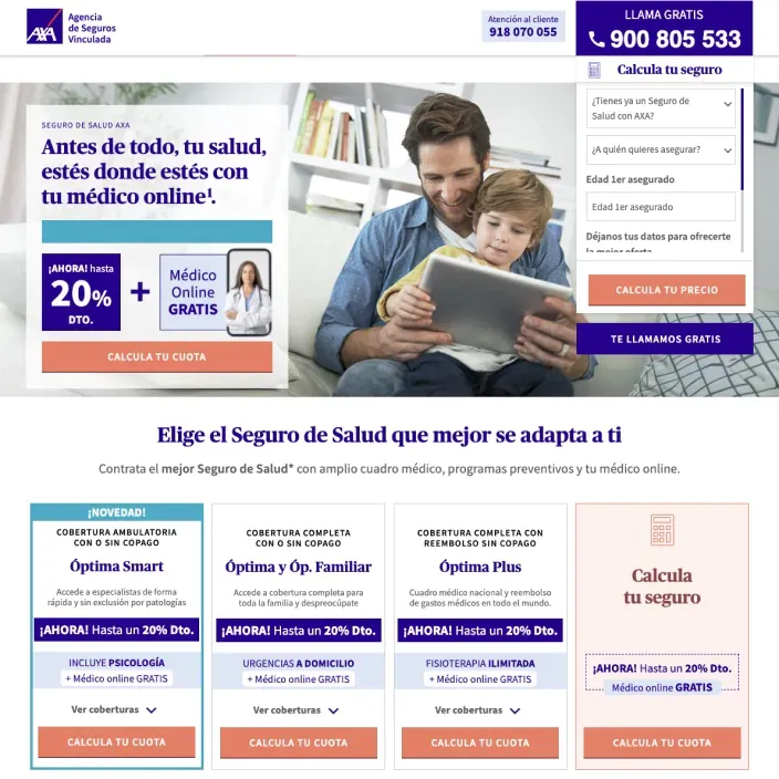 Seguros de salud AXA: planes Óptima con 20% de descuento y servicio de médico online gratuito para clientes.