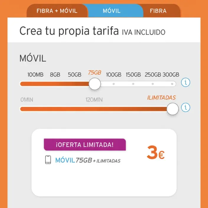 Configurador de tarifas Simyo: móvil con 75GB y llamadas ilimitadas por 3€ al mes como oferta limitada.