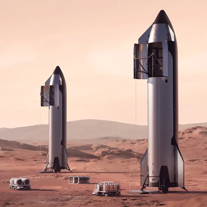 Dos naves Starship de SpaceX en la superficie de Marte con equipo de exploración para futuras misiones espaciales.