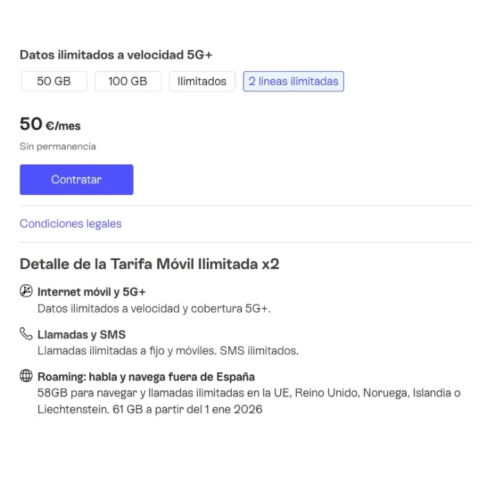 Detalle de la Tarifa Móvil Ilimitada x2 de Movistar con datos 5G+ por 50 euros al mes.