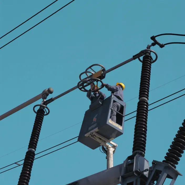 Técnico electricista trabajando en una línea de alta tensión con casco y arnés de seguridad