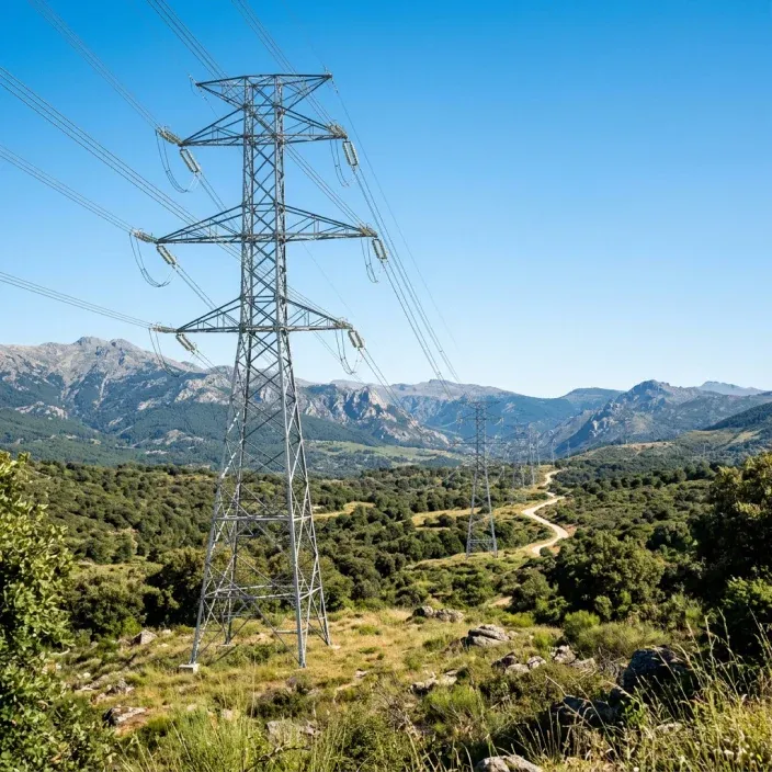 Torres eléctricas y líneas de alta tensión en un paisaje de montaña