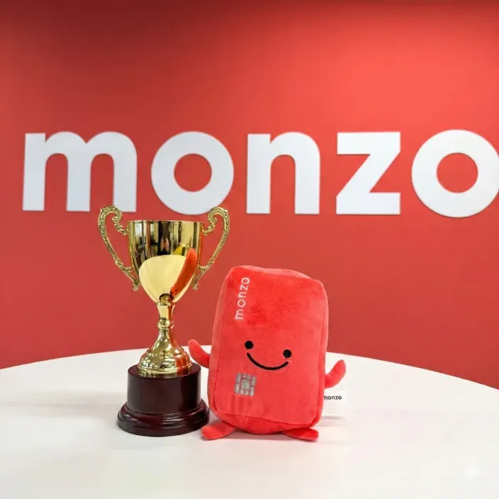 Trofeo y peluche rojo delante de una pared con el logotipo de Monzo