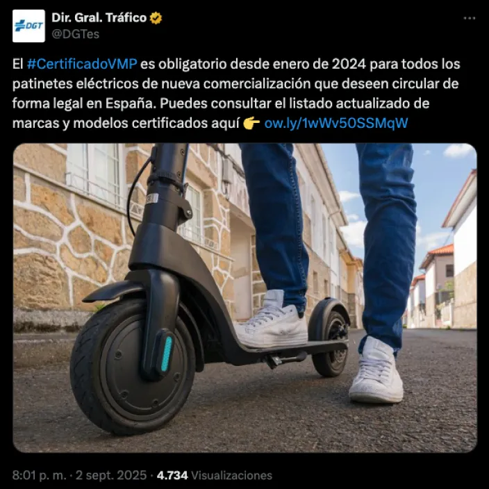 Tweet de la DGT sobre la obligatoriedad del Certificado VMP para patinetes eléctricos para circular legalmente en España.