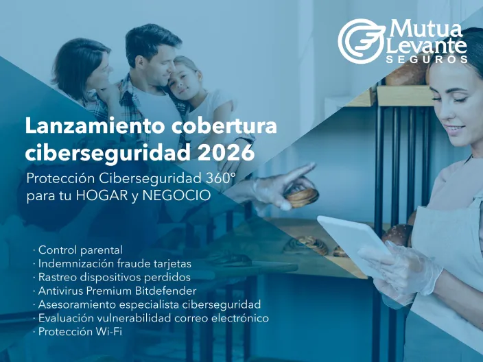 Cartel de Mutua Levante Seguros sobre el lanzamiento de una cobertura de ciberseguridad para hogar y negocio
