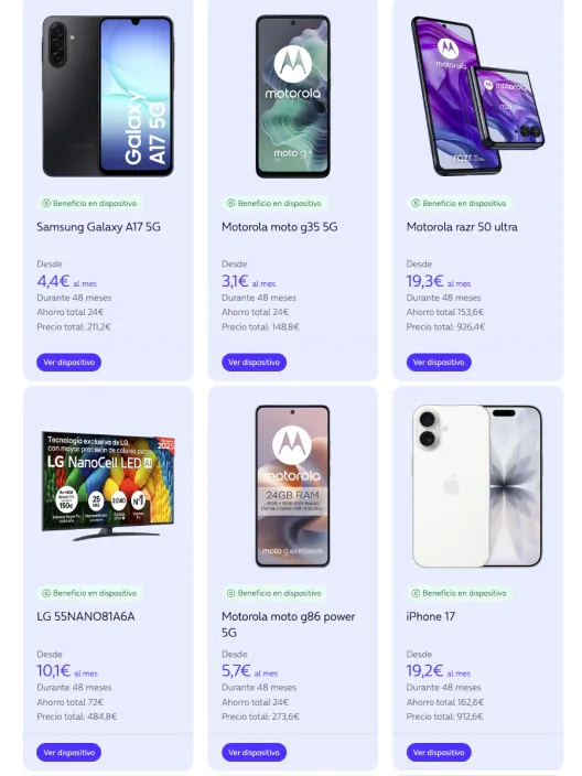 Ofertas de móviles 5G y Smart TV LG con modelos como iPhone 17 y Motorola razr con pago en cuotas mensuales.