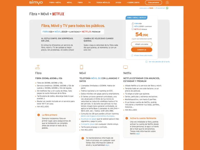 Tarifa de Simyo con Fibra 1Gb, Móvil 50GB y Netflix Premium por 54,99€ al mes con todos los servicios incluidos.