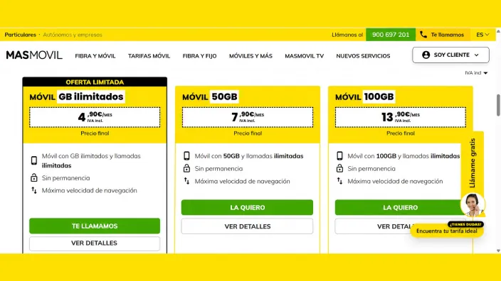 Tarifas móviles de MásMóvil: comparativa de planes con gigas ilimitados, 50GB o 100GB desde 4,90€ al mes.