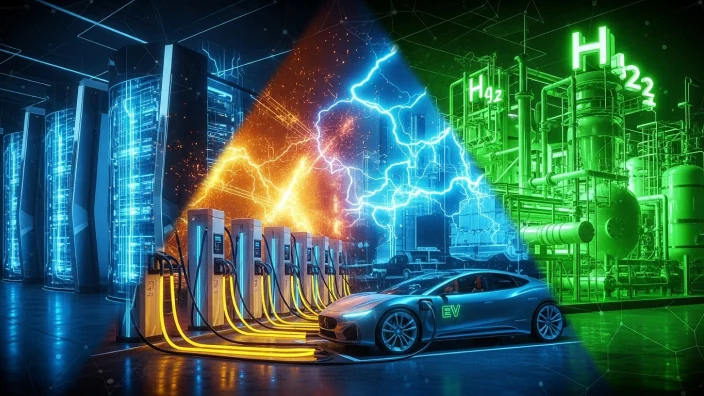Vehículo eléctrico cargando junto a planta de hidrógeno y servidores de datos