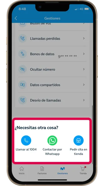 Captura de móvil de donde encontrar las vías de contacto para la contratación de líneas adicionales de Movistar