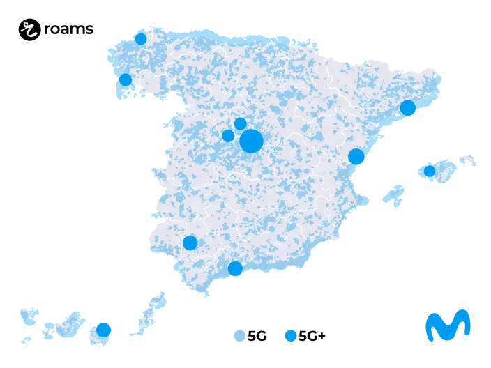 Mapa de cobertura 5G y 5G+ de Movistar